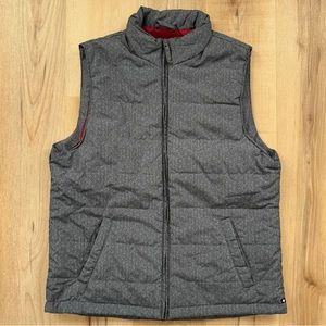 Gray Herringbone Zip Up Puffer Vest With Red Inner Lining 2 Exterior Pockets